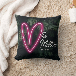 Tropical Neon Heart Couple Anniversary Throw Pillow