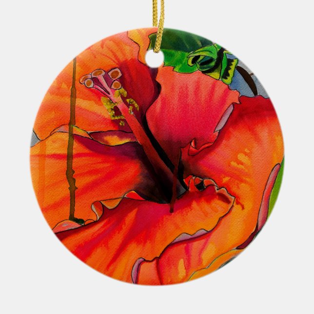 Tropical Neon Hibiscus flower Ceramic Ornament (Front)