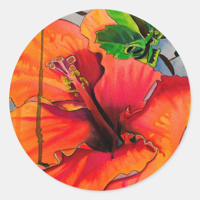Tropical Neon Hibiscus flower Classic Round Sticker (Front)