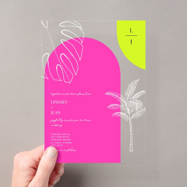 Tropical Neon Monogram Arches Wedding Acrylic Invitations (Insitu (Handheld))