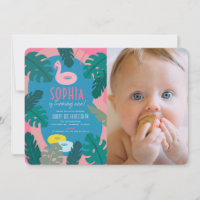 Tropical Neon Pink Pool Girl 1st Birthday Photo