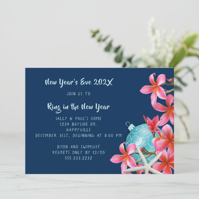 Tropical New Years Eve Party Plumeria Invitation (Standing Front)