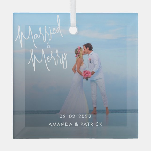 Tropical Newlywed Photo Script Married and Merry Glass Ornament (Front)