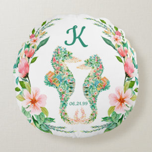 Tropical Newlyweds Monogram Floral Seahorses  Round Pillow
