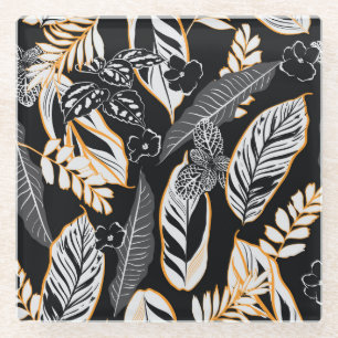 Tropical Night Foliage: Dark Vintage Pattern Glass Coaster
