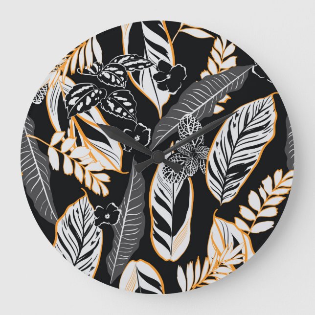Tropical Night Foliage: Dark Vintage Pattern Large Clock (Front)