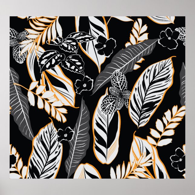 Tropical Night Foliage: Dark Vintage Pattern Poster (Front)