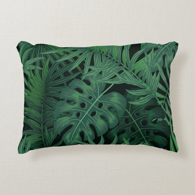 Tropical Night Green: Exotic Plant Pattern Accent Pillow (Front)
