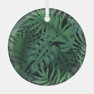 Tropical Night Green: Exotic Plant Pattern Glass Ornament