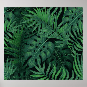 Tropical Night Green: Exotic Plant Pattern Poster