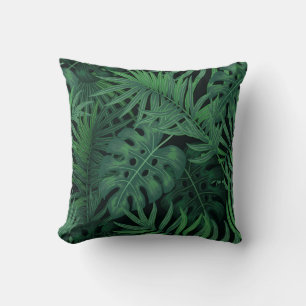 Tropical Night Green: Exotic Plant Pattern Throw Pillow