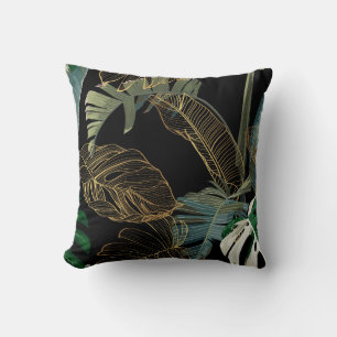 Tropical night vintage palm, banana, plant, golden throw pillow