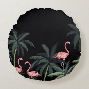 Tropical night vintage wild birds flamingo, palm t round pillow
