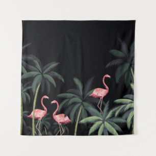 Tropical night vintage wild birds flamingo, palm t tapestry