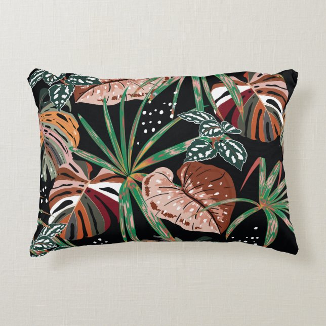 Tropical Noir: Dark Exotic Forest Pattern Accent Pillow (Front)