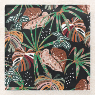 Tropical Noir: Dark Exotic Forest Pattern Glass Coaster
