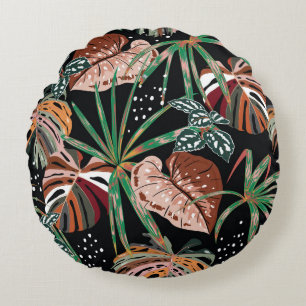 Tropical Noir: Dark Exotic Forest Pattern Round Pillow