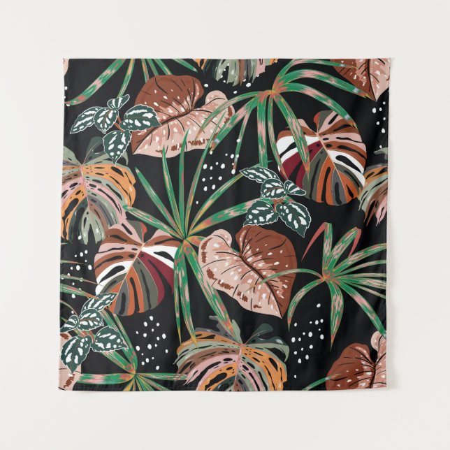Tropical Noir: Dark Exotic Forest Pattern Tapestry (Front)