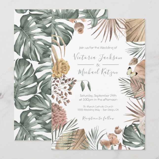 Tropical Oasis Modern Palm leaf Wedding Invitation (Front/Back)