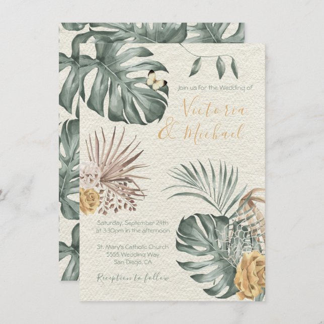 Tropical Oasis Modern Palm leaf Wedding Invitation (Front/Back)