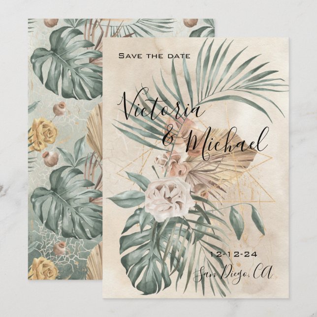 Tropical Oasis Modern Palm Save the Date Wedding Invitation (Front/Back)