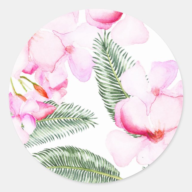 Tropical Oasis Pink Green Hawaiian Bridal Shower Classic Round Sticker (Front)