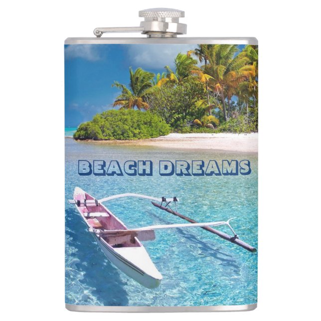 Tropical Ocean Beach Dreams Typography Hip Flask (Front)