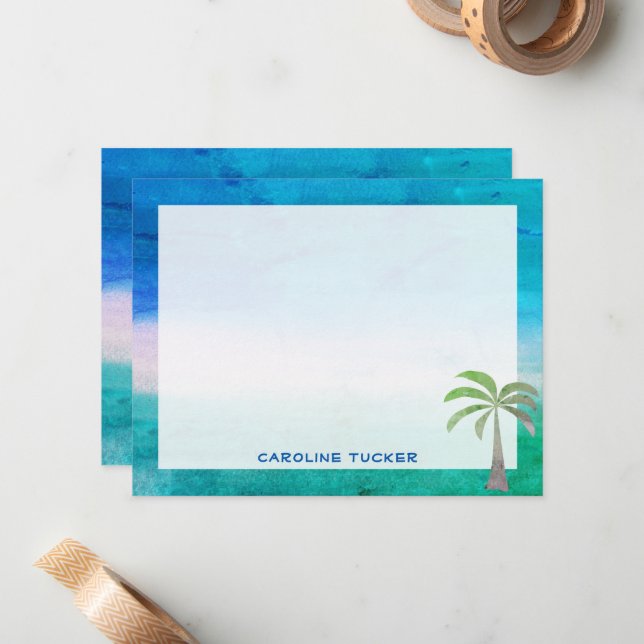 Tropical Ocean Beach Palm Tree Stationery Card (Front/Back In Situ)