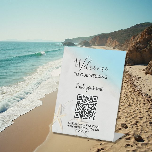 Tropical ocean beach wedding  pedestal sign (Tropical ocean beach wedding pedestal sign. You can scan the QR code to find your seat.)