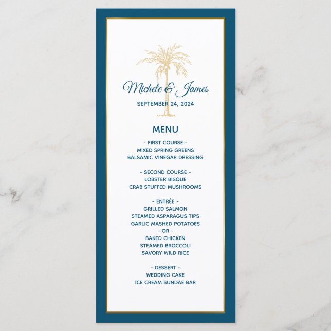 Tropical Ocean Blue Gold Palm Tree Beach Wedding Menu (Front)