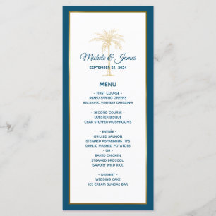 Tropical Ocean Blue Gold Palm Tree Beach Wedding Menu