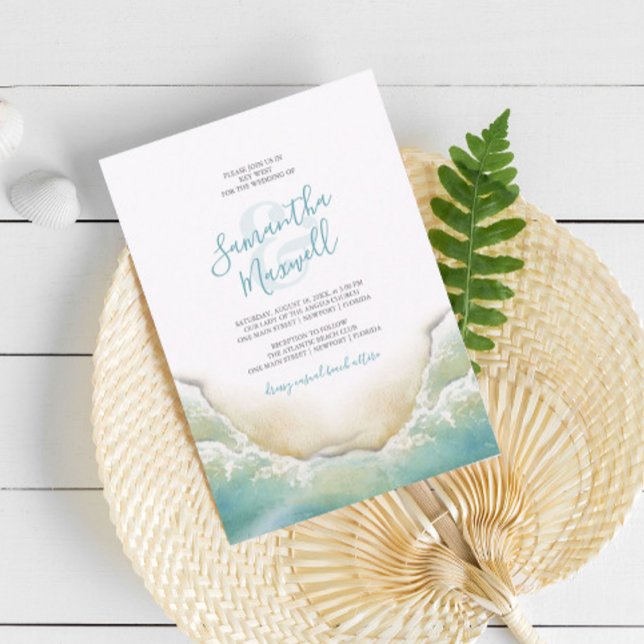 Tropical Ocean Blue Watercolor Shoreline Wedding Invitation (Beach wedding invitations 5x7 with hand painted watercolor shoreline by Do Tell A Belle)