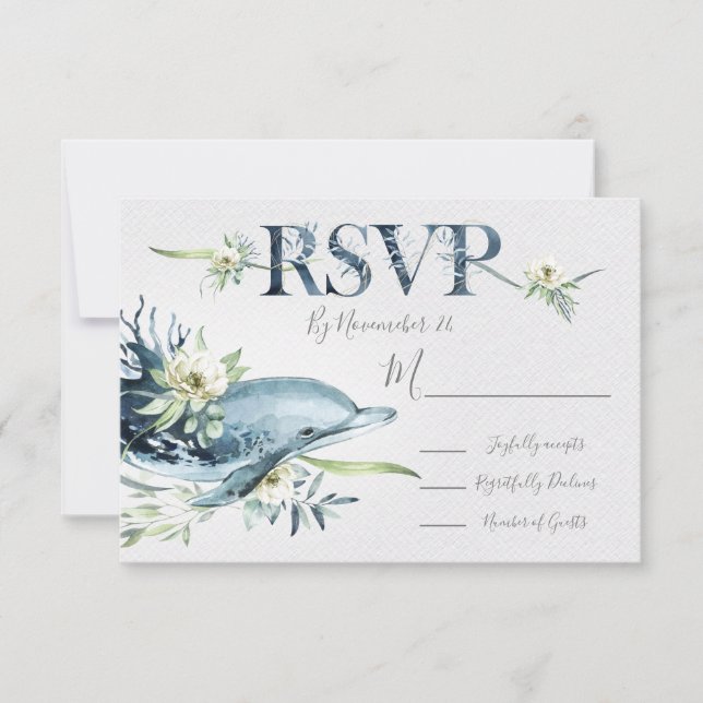 Tropical Ocean Dolphin Wedding response cards RSVP (Front)