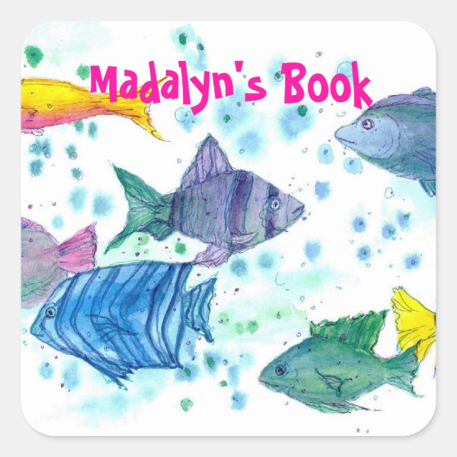 Tropical Ocean of Fish Custom Name Book Plate Square Sticker (Front)