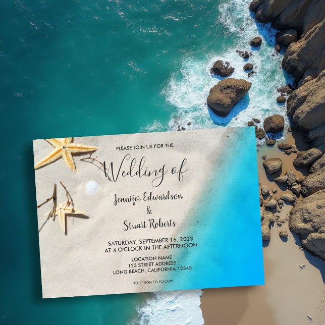 Tropical ocean sand starfish summer beach wedding invitation (Tropical ocean sand starfish summer beach wedding invitation.)