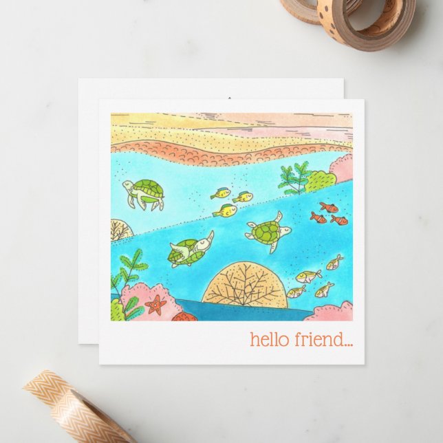 Tropical Ocean Sea Turtles Hello Friend Card (Front/Back In Situ)
