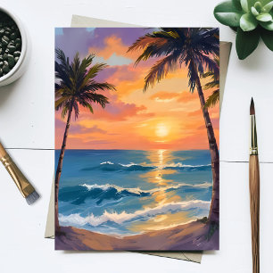Tropical Ocean Sunset Palm Tree Watercolor Postcard