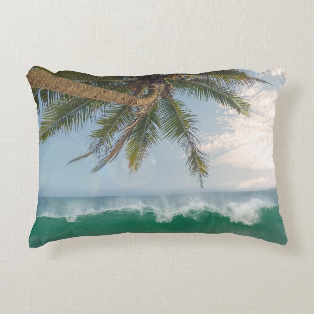 Tropical Ocean Wave and Coconut Palm Tree Accent Pillow (Front)