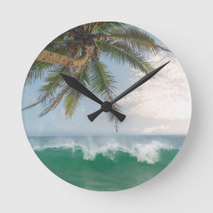 Tropical Ocean Wave and Coconut Palm Tree Round Clock