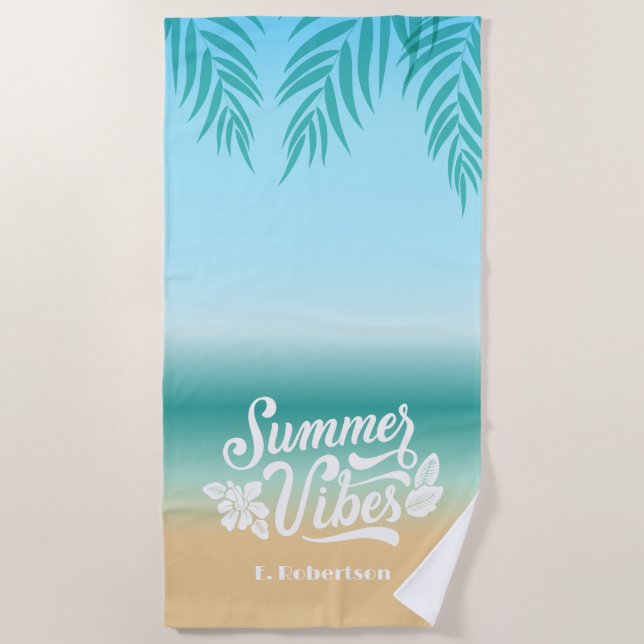 Tropical Ombre Beach Summer Vibes Monogram Beach Towel (Front)