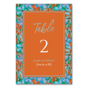 Tropical Orange and Blue Floral Wedding Table Number