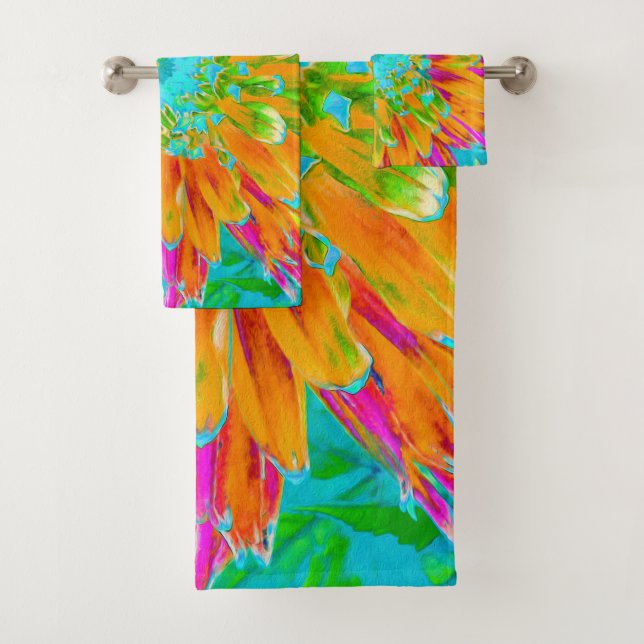 Tropical Orange and Hot Pink Decorative Dahlia Bath Towel Set (Insitu)