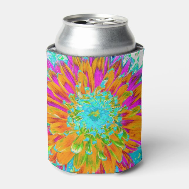 Tropical Orange and Hot Pink Decorative Dahlia Can Cooler (Can Front)