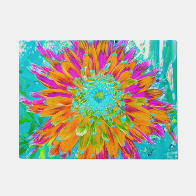 Tropical Orange and Hot Pink Decorative Dahlia Doormat (Front)