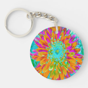 Tropical Orange and Hot Pink Decorative Dahlia Keychain