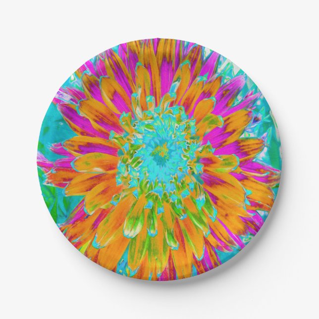 Tropical Orange and Hot Pink Decorative Dahlia Paper Plate (Front)