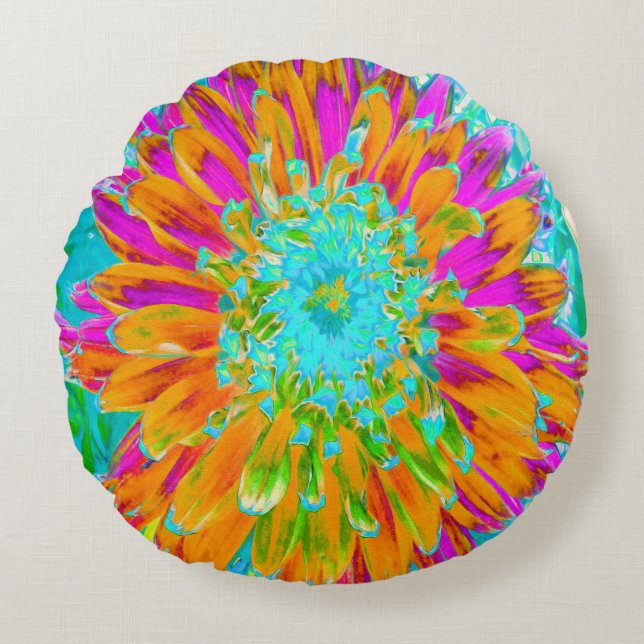 Tropical Orange and Hot Pink Decorative Dahlia Round Pillow (Front)