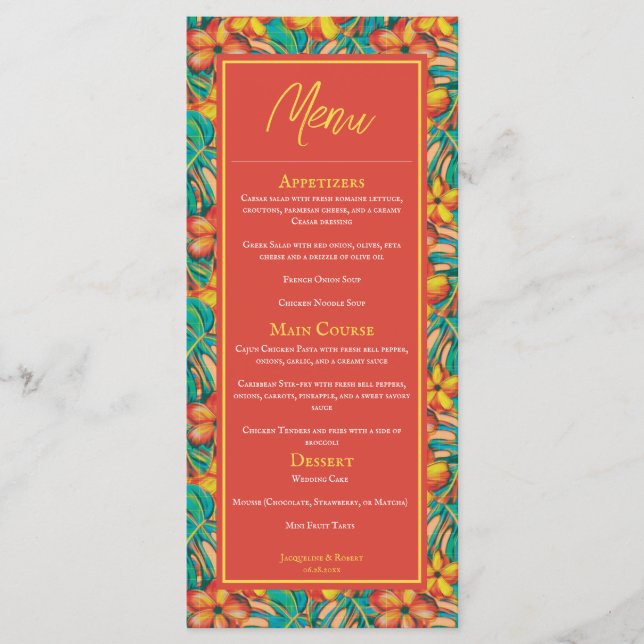 Tropical Orange and Yellow Floral Wedding Menu (Front)