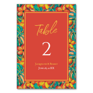 Tropical Orange and Yellow Floral Wedding Table Number