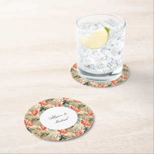 Tropical Orange Anthurium Floral Wedding Round Paper Coaster